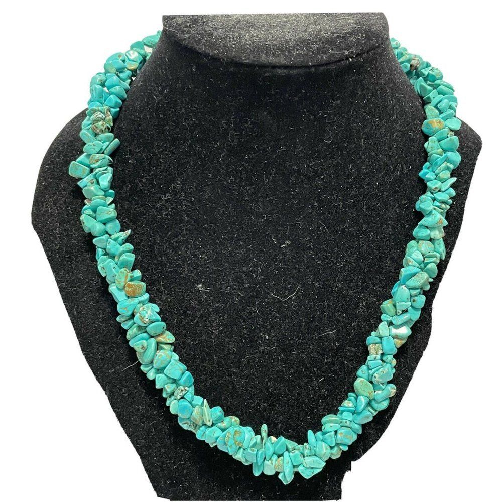 23” Faux Turquoise Howlite chip braided multistrand necklace Boho Indian